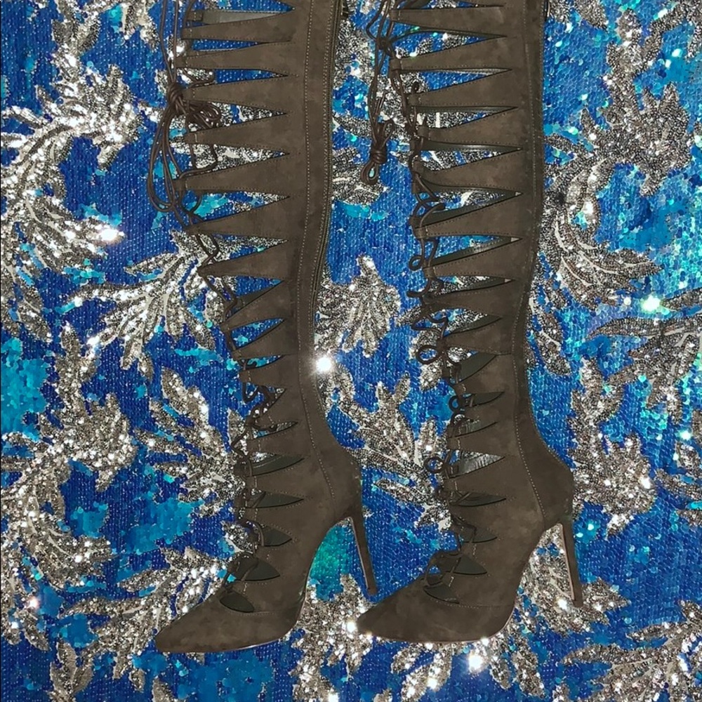 Olive Green Thigh High Laced Heel Boots